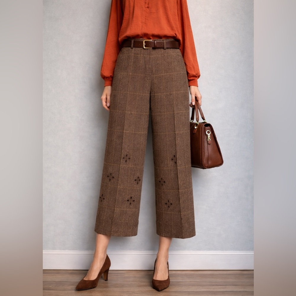 Due Per Due Wide-Leg Brown Checked Rayon Blend Capris size 6